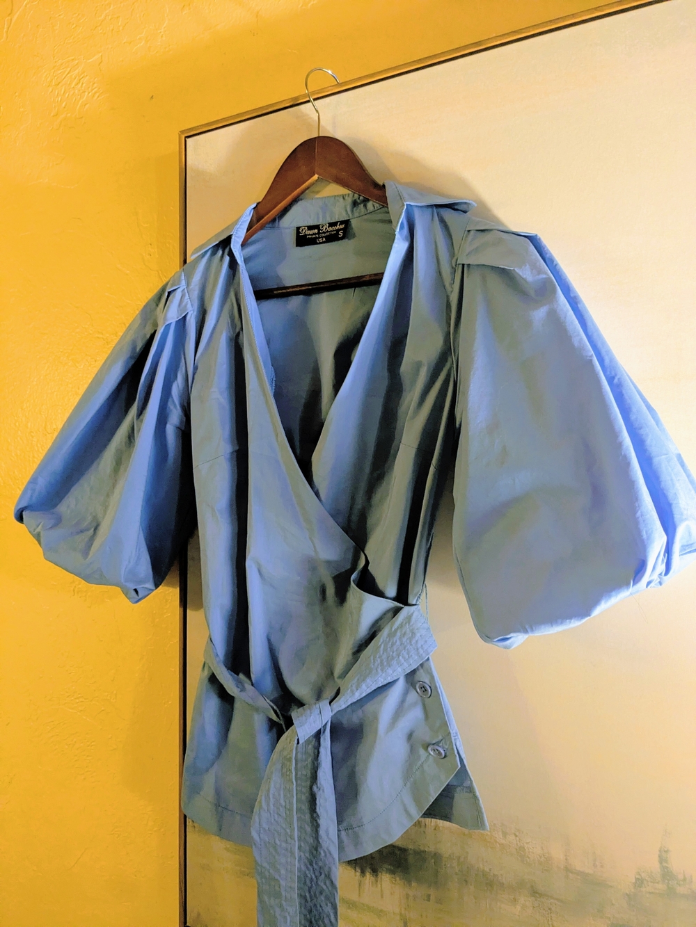 Blue Puff-Sleeve Wrap Blouse
